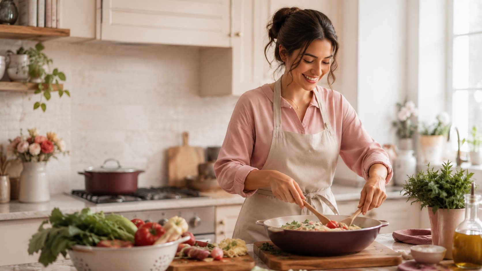 A home cook preparing a meal in her kitchen