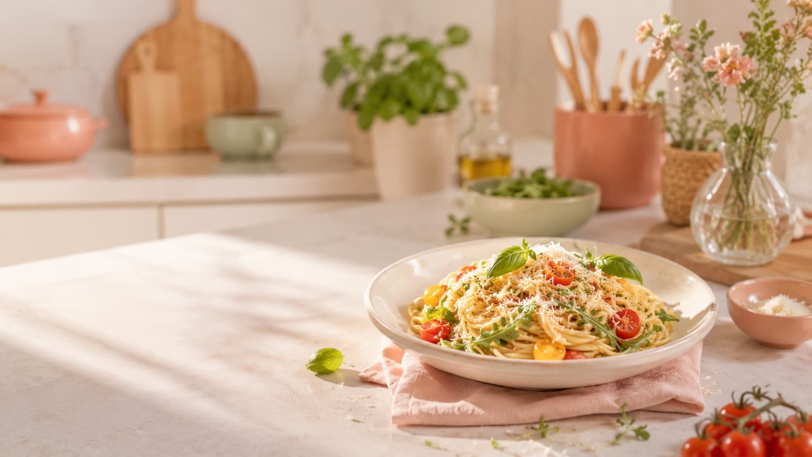 A home-cooked pasta dish, plated and ready to eat